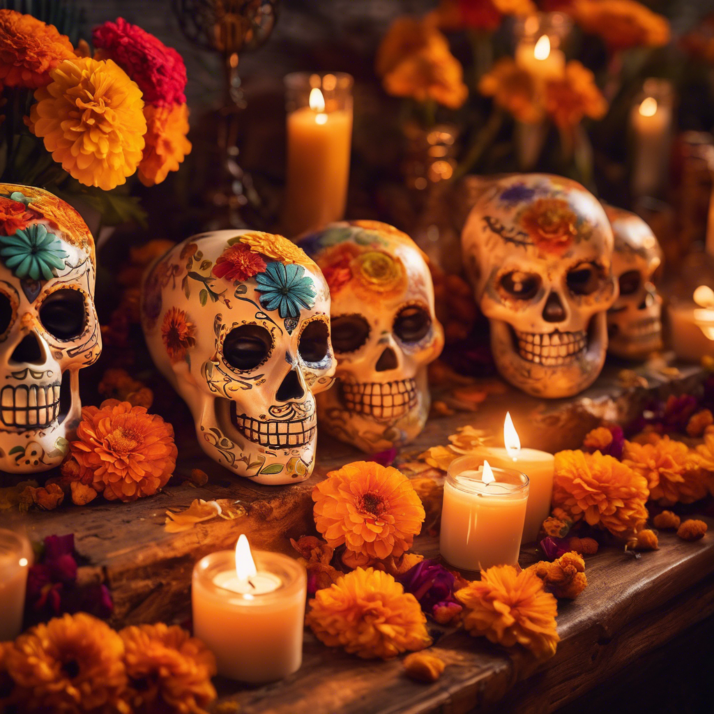 Celebración mágica con velas y flores en el día de los difuntos.