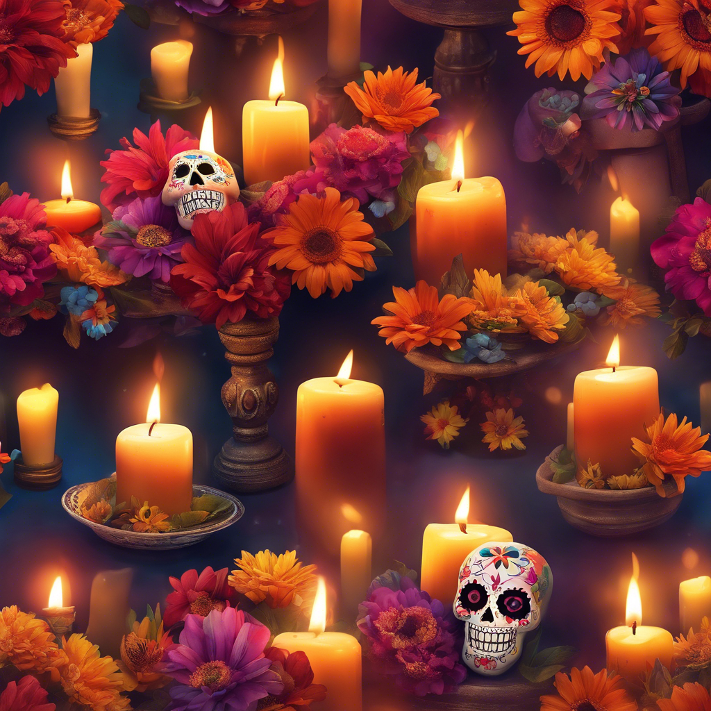 Celebración mágica con velas y flores en el día de los difuntos.